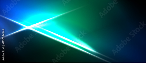 Abstract light streaks, vibrant blues, greens dominate. Diagonal lines create dynamic visual impact. Dark background enhances luminosity.