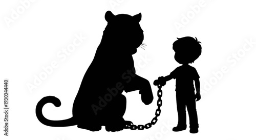 Silhouette of a child holding a chain attached to a large animal