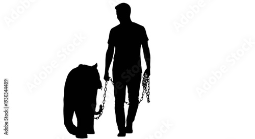 Silhouette of a man walking a bear on a chain against a white background