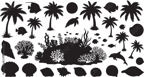 Sea shells set, mollusks, starfish. Trendy flat illustration of seashells collection isolated on white for stickers.