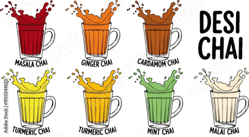 Set of 8 Desi Chai Tea Flavors Vector Illustration