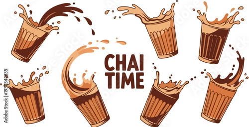 Set of 7 Indian Chai Tea Splashing in Kulhad Cups Vector