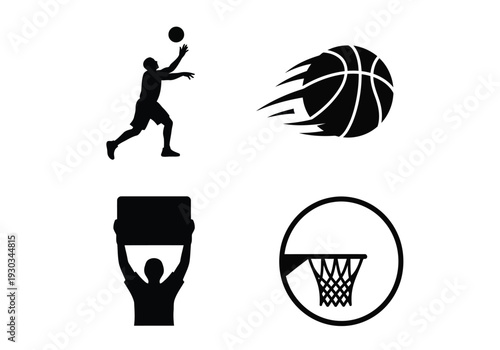 Basketball player shooting ball towards net with motion lines icons