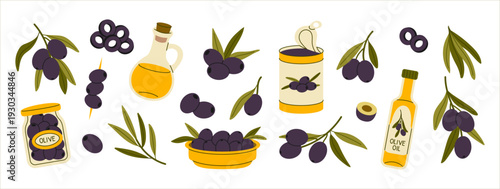 Olive oil and black olives collection with bottle, jar, tin can, bowl, branches and slices