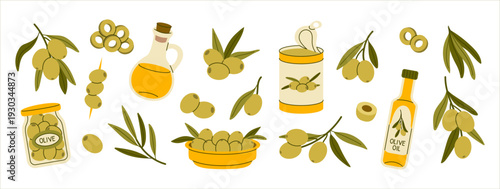 Olive oil and green olives collection with bottle, jar, tin can, bowl, branches and slices