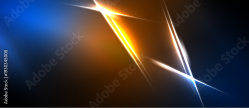Abstract light streaks, vibrant blue, orange hues dominate dark background. Diagonal lines create dynamic visual effect.