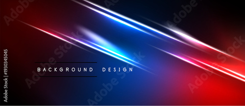 Abstract background features vibrant red, blue light streaks. Modern design with dark gradients creates dynamic visual effect. Simple text labels bottom center.