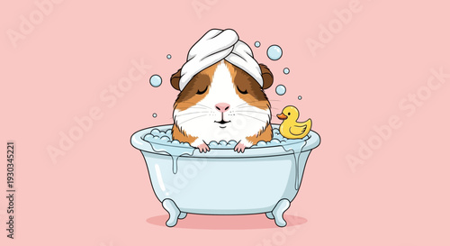Guinea pig relaxes in a bubble bath with a rubber duck vector eps illustration.