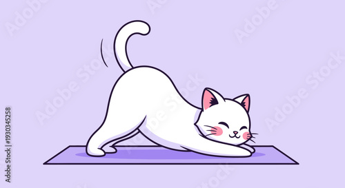 A white cat stretching on a yoga mat in vector eps illustration style