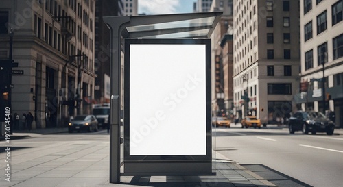 Blank Street Billboard Advertising Mockup Opportunity Bustling Urban Sidewalk Bright Daylight Modern Perspective