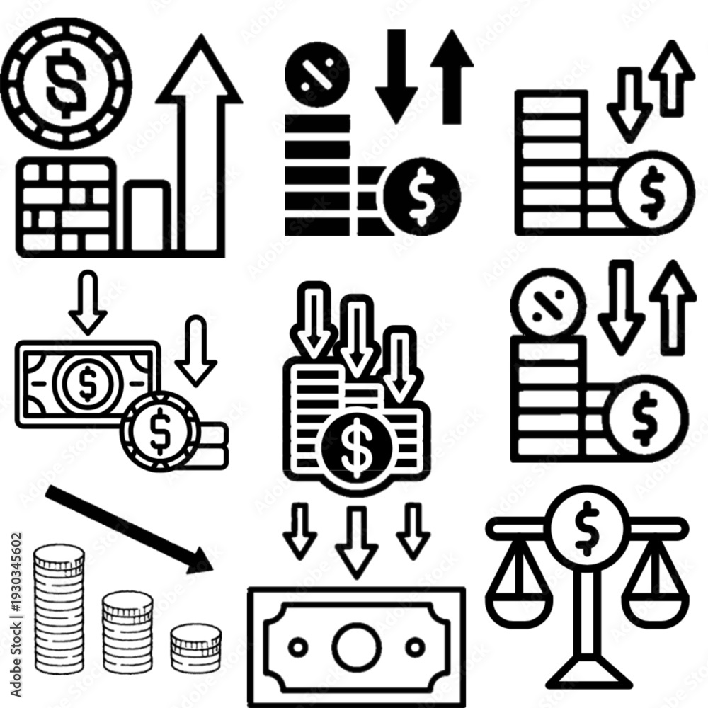 Fototapeta premium A collection of financial icons illustrating concepts of money, growth, decline, and economic balance in a clean line art style.