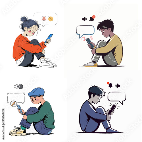 digital loneliness icon, person alone with smartphone, social media isolation concept