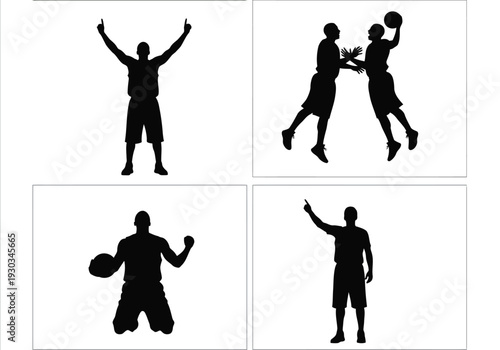 Winning basketball player victory silhouettes showing celebration and triumph on court set