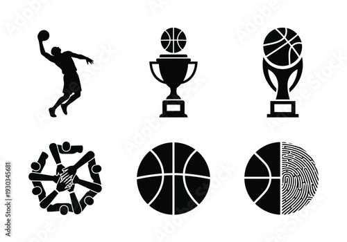 Basketball championship symbols featuring trophies team huddle and fingerprint ball icons