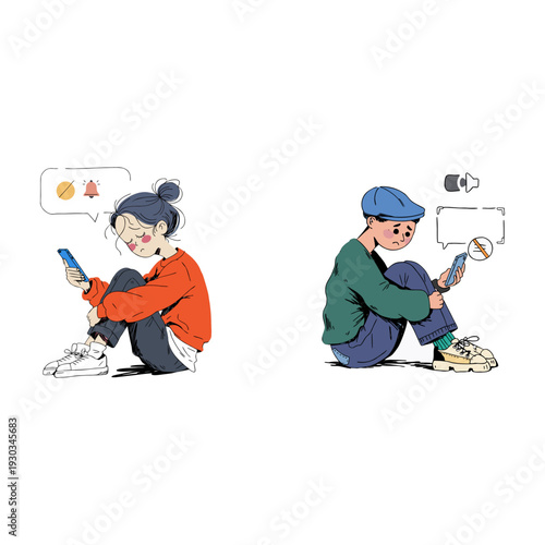 digital loneliness icon, person alone with smartphone, social media isolation concept