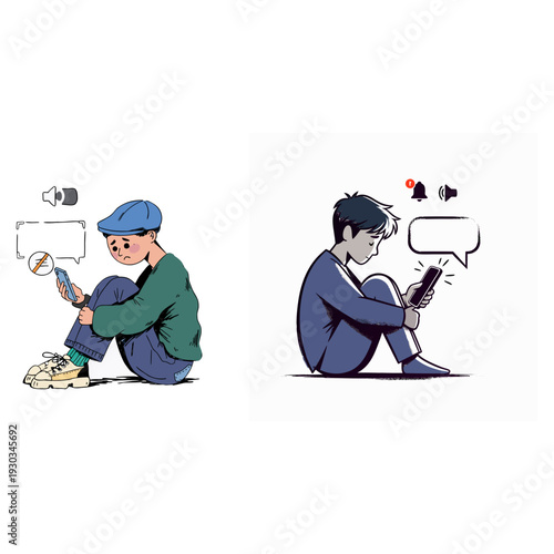 digital loneliness icon, person alone with smartphone, social media isolation concept
