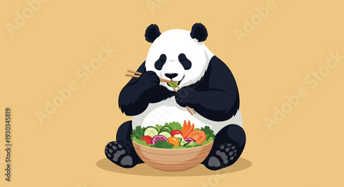 Panda eats salad with chopsticks in a vector eps illustration.