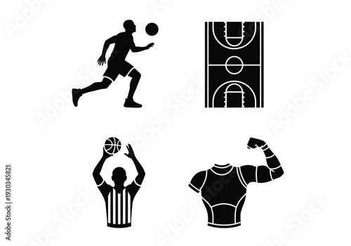 Basketball court layout and athlete running silhouette with official and jersey concepts