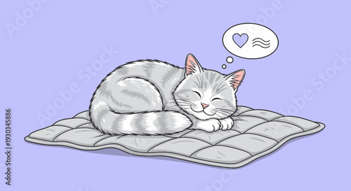 Serene cat sleeps on cushion in vector eps illustration with heart thought bubble