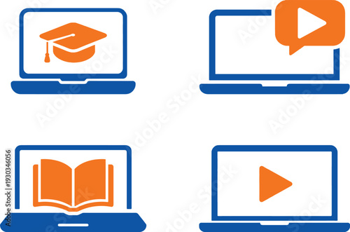 E Learning Laptop Vector Icons with Graduation Cap and Play Button