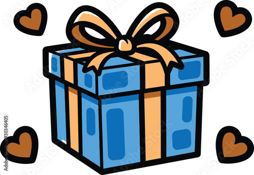 Blue wrapped gift box tied with an orange ribbon floats surrounded by small brown hearts symbolizing a special present.