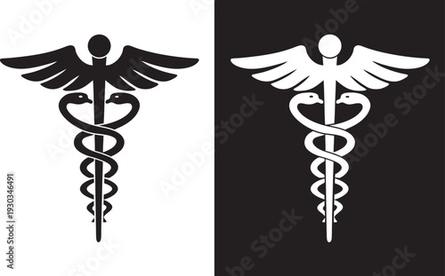 Caduceus health symbol, Medical caduceus snake and wings icon on white background