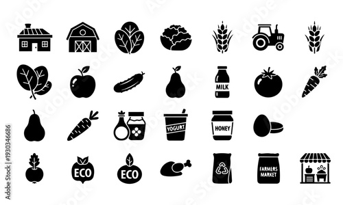 Farm and Organic Food Icon Set – Agriculture, Dairy and Farmers Market Silhouette Vectors