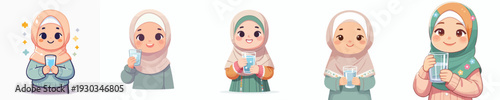 half body vector muslim little girl holding a glass of water
