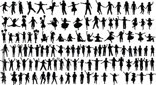 Kids silhouettes collection, children playing jumping dancing poses, active lifestyle concept, childhood activity set, black vector illustration bundle