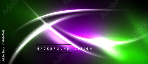 Vibrant neon lights create abstract curves, gradients. Dark background emphasizes glowing purple, green elements. Modern design.