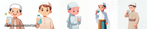 half body vector muslim little boy holding a glass of water
