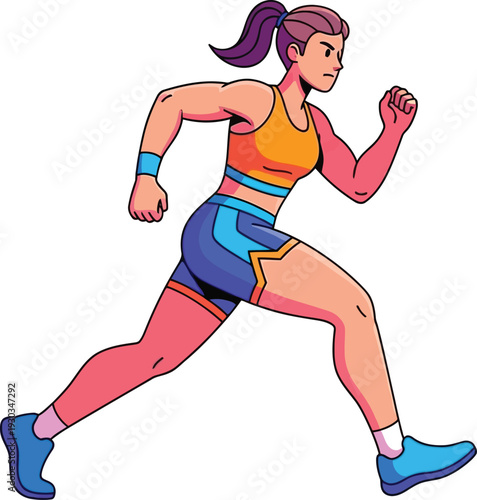 Fit female athlete with determined expression runs vigorously forward, demonstrating intense physical training, focus, and commitment to fitness goals.