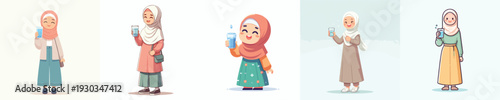 vector muslim little girl standing holding a glass of water
