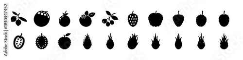 Black Fruit and Pineapple Silhouette Icon Set -
Assorted black fruit silhouettes including pineapple, apple, pear, and berries isolated on white background, ideal for organic food branding and healthy