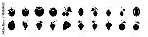 Black Fruit and Berry Silhouette Icon Set - 
Collection of black fruit and berry silhouettes isolated on white background, perfect for organic food branding, healthy lifestyle themes, and grocery grap