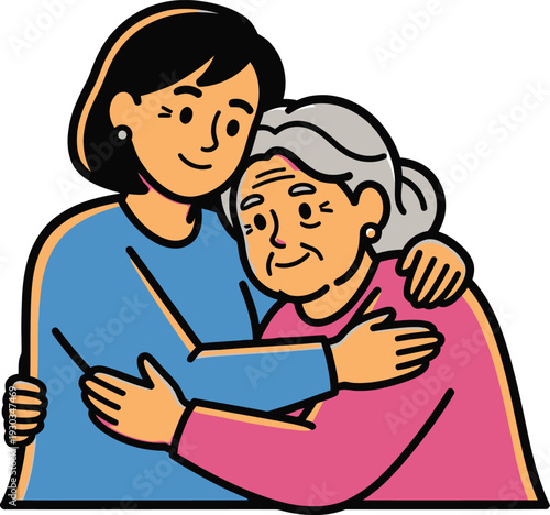 Younger woman affectionately embraces an older woman with gray hair, symbolizing intergenerational care, family support, or friendship bonds.