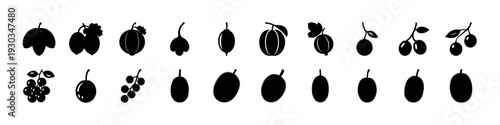Black Fruit and Berry Silhouette Icon Set -
Assorted black fruit and berry silhouettes isolated on white background, perfect for organic food branding, healthy eating concepts, and grocery graphics.