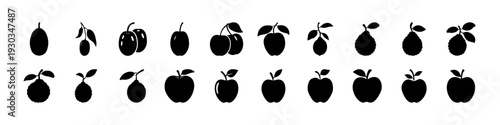 Black Apple and Pear Silhouette Icon Set -
Collection of black apple and pear silhouettes with assorted fruit icons isolated on white background, ideal for organic food branding and healthy lifestyle 