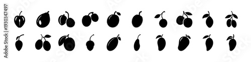 Black Fruit and Mango Silhouette Icon Set -
Assorted black fruit silhouettes including mango, apple, cherry, and pear isolated on white background, ideal for organic food branding and healthy design.