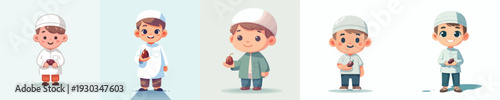 vector muslim little boy standing holding a dates fruit