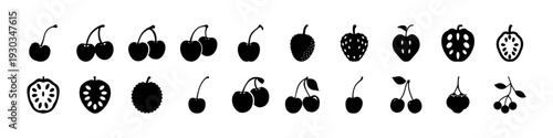 Black Berry and Cherry Icon Set -
Collection of black berry and cherry silhouettes isolated on white background, perfect for organic food branding, healthy lifestyle themes, and menu design.