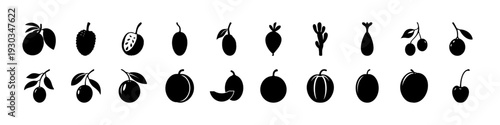 Black Vegetable and Fruit Silhouette Icons -
Assorted black fruit and vegetable silhouettes isolated on white background, ideal for healthy food concepts, organic market branding, and nutrition design