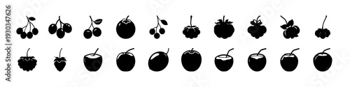 Black Fruit and Vegetable Icon Set -
Collection of black fruit and vegetable silhouettes isolated on white background, ideal for healthy eating, organic food, and grocery design concepts.