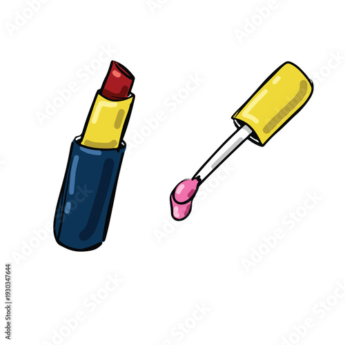 Hand drawn red lipstick and pink lip gloss applicator set. Vector illustration of makeup cosmetics isolated on white background. Beauty and fashion concept with doodle lipstick and gloss.