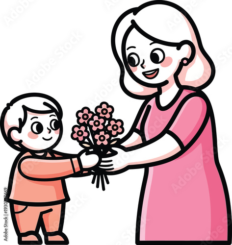 Young boy happily presents a small bouquet of pink flowers to his smiling mother as a loving gesture.