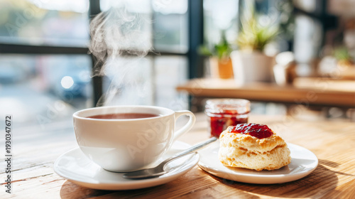 Wallpaper Mural Hot steaming tea in white ceramic cup with scone and strawberry jam on wooden table in sunny cafe Torontodigital.ca