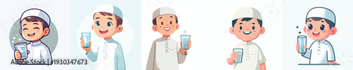 half body vector muslim little boy holding a glass of water