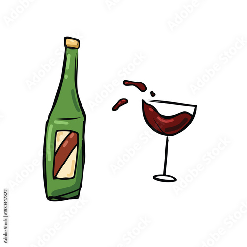 Hand drawn green wine bottle and splashing red wine glass. Vector illustration of wine bottle with glass isolated on white background. Red wine splashing from a glass near a bottle.