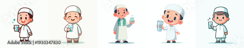 vector muslim little boy standing holding a glass of water