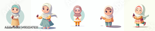 vector muslim little girl standing holding a dates fruit
